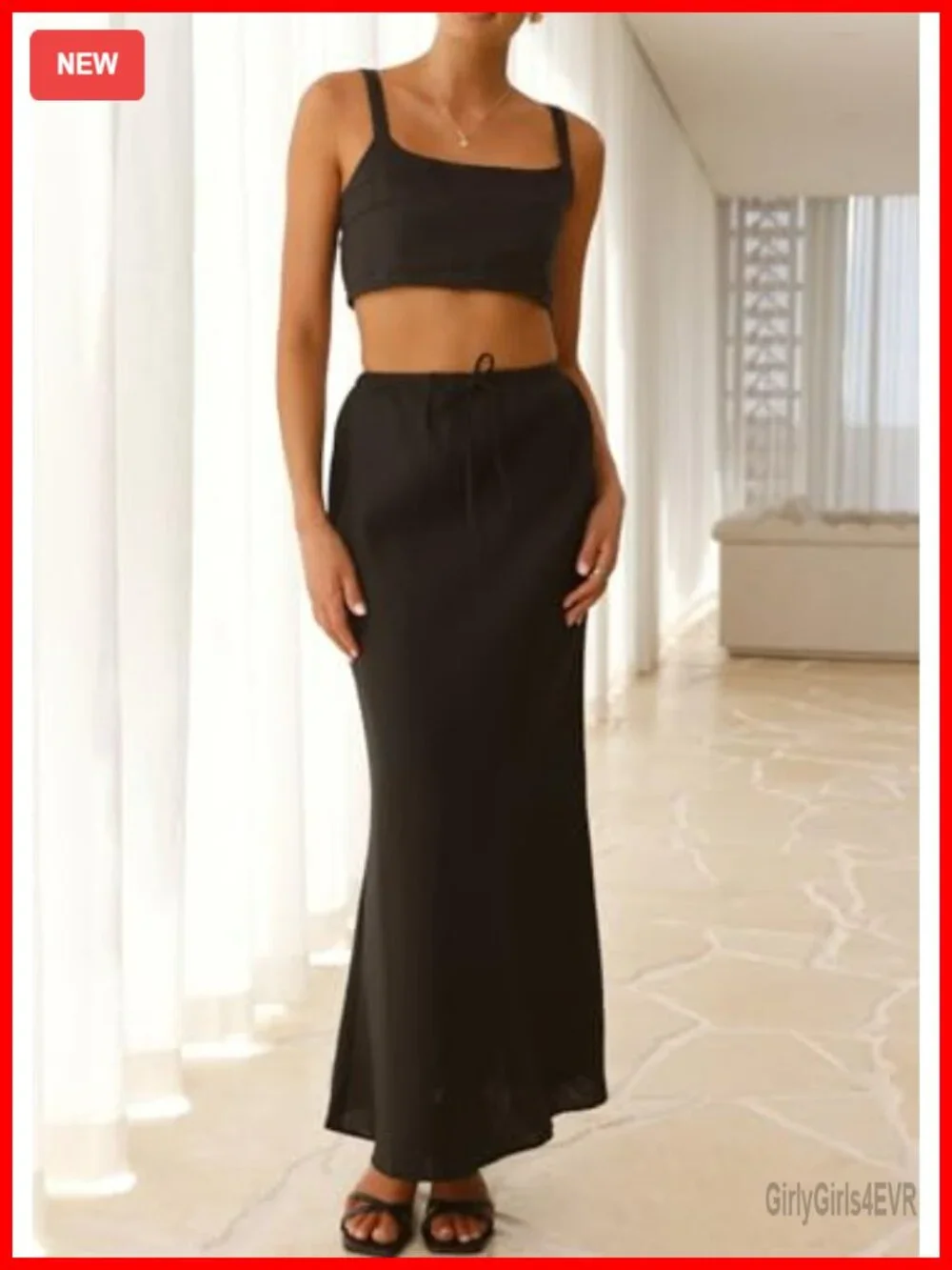 Linen Maxi Skirt with Lining Drawstring Flowy Flared A-Line